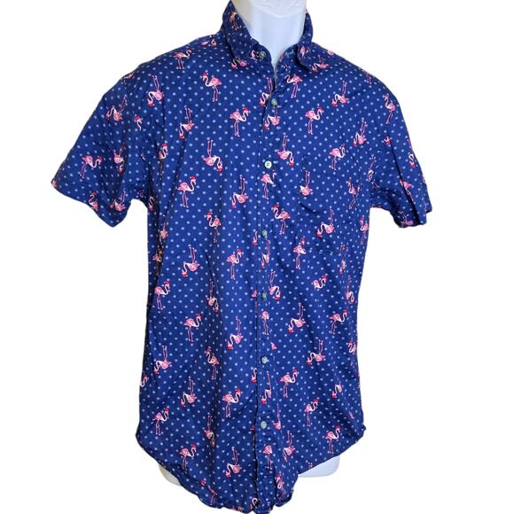 Drill Clothing Co Mens Flamingo Holiday Shirt M Snowflakes Blue‎ Stretch Santa - Picture 1 of 8